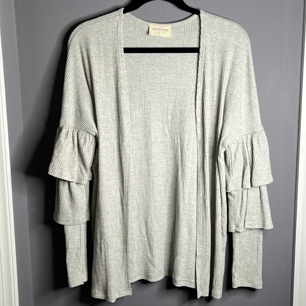 Vestique Gray Ribbed Open Cardigan Ruffle Sleeves Small